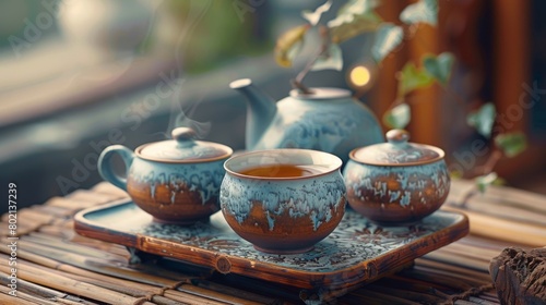 A traditional tea set and delicate teacup  celebrating the ritual and tranquility of tea drinking
