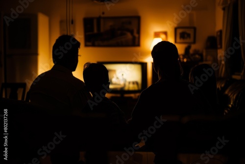 A family is gathered in a living room  illuminated by the soft glow of a TV in dim lighting