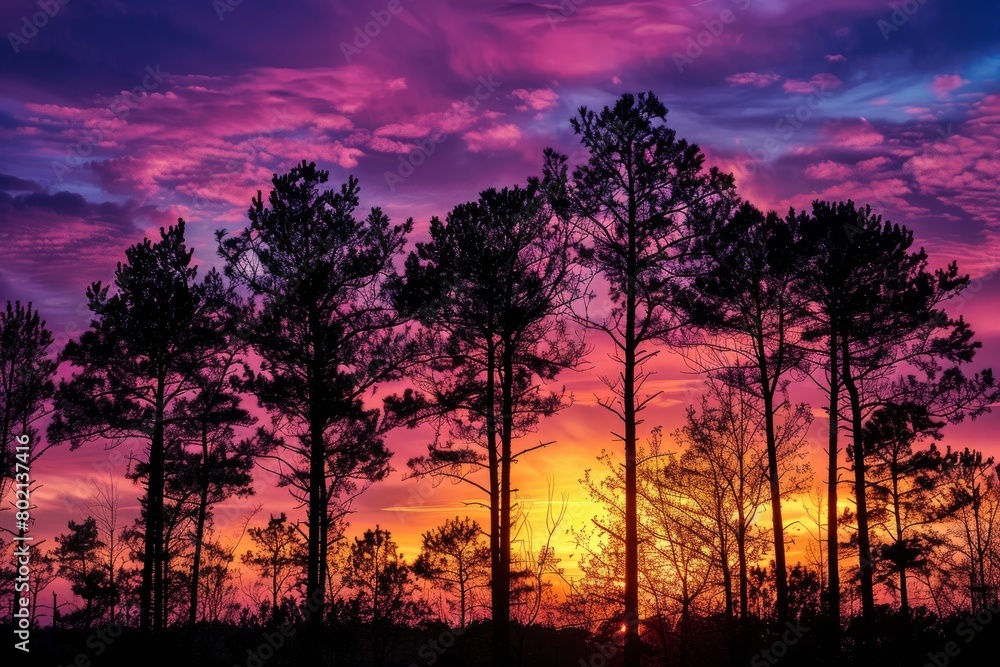 Trees stand in silhouette against a sunset sky with clouds in the background, creating a dramatic scene