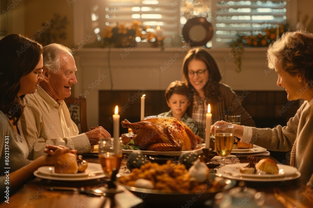 A group of people seated around a table, sharing a meal with a whole roasted turkey as the centerpiece
