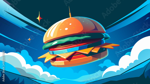 illustration of a delicious burger with flying ingredients on the moon Cartoon burger vector isolated illustration of a large burger, hamburger hand-drawn vector illustration realistic sketch
