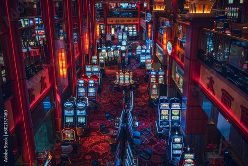 A wide shot of a bustling casino floor packed with rows of slot machines and gaming tables