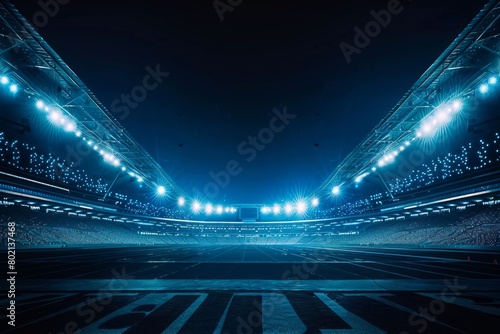 A wideangle view of a large stadium glowing with numerous blue lights under the night sky