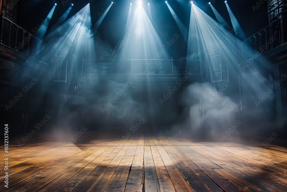 An empty theater stage filled with a multitude of bright spotlights, creating a dramatic and anticipatory atmosphere