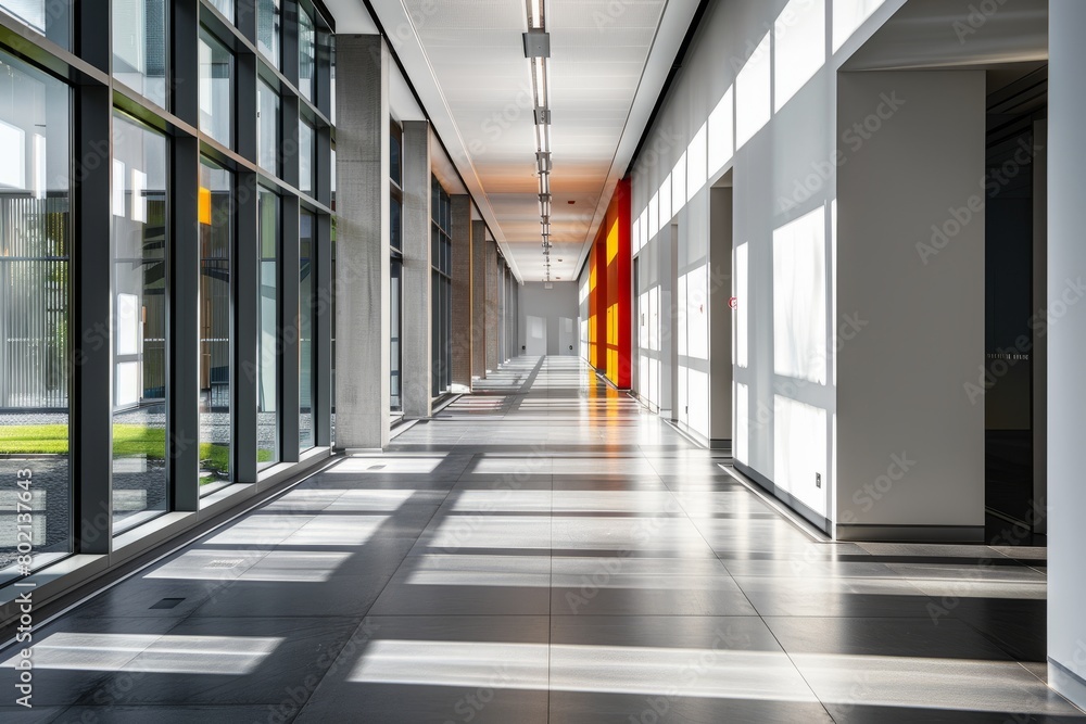 A modern office hallway stretches into the distance, featuring a vibrant red and yellow door, illuminated by the play of light and shadow