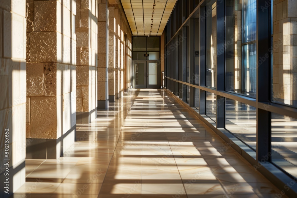 A long hallway in a modern office building features rows of large windows with natural light streaming in, creating a dynamic play of light and shadow