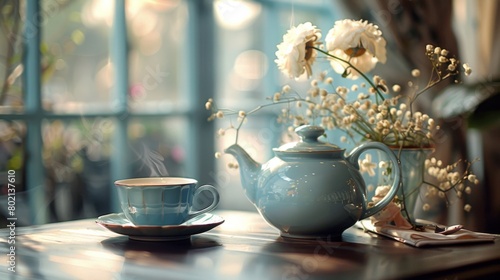 A porcelain teapot and teacup  exuding elegance and sophistication in a tranquil setting