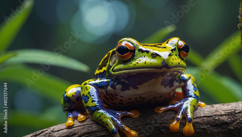 A brightly colored frog is sitting on a branch. The frog has yellow  orange  black  and blue markings. The background is green and out of focus.  