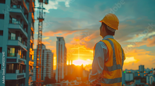 Construction engineer look at the construction site, inspecting progress and ensuring adherence to safety standards, sunset background