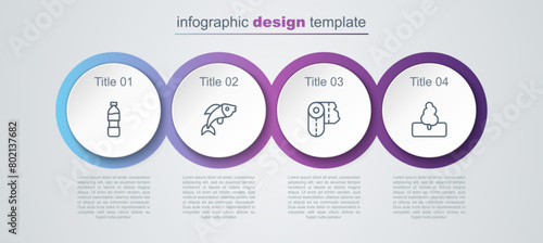 Set line Bottle of water, Fish, Paper towel roll and Tree. Business infographic template. Vector