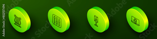 Set Isometric line Ancient Greek lyre, Sound mixer controller, Stereo speaker and Laptop with music icon. Vector