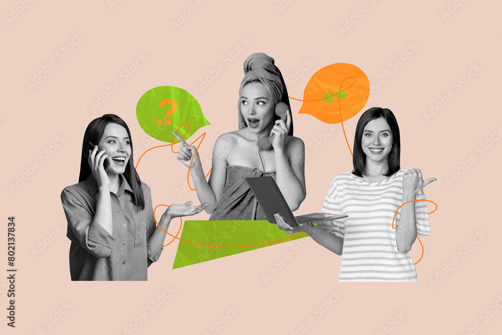 Fototapeta premium Creative image collage picture happy cheerful woman communicate each other via telephone network landline digital devices textbox speech