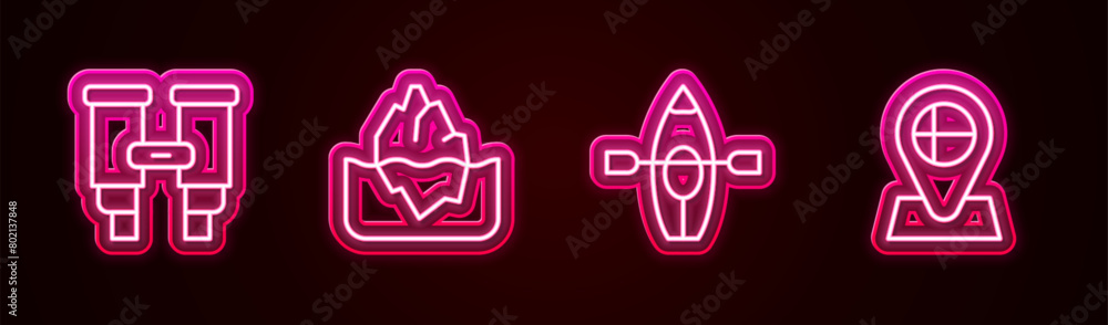 Set line Binoculars, Iceberg, Kayak and paddle and Location flag Iceland. Glowing neon icon. Vector Set line Binoculars, Iceberg, Kayak and paddle and Location flag Iceland. Glowing neon icon. Vector
