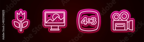 Set line Photo mode macro, retouching, frame 4 and Retro cinema camera. Glowing neon icon. Vector