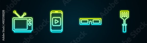 Set line Retro tv, Online play video, Cinema glasses and Spatula. Glowing neon icon. Vector