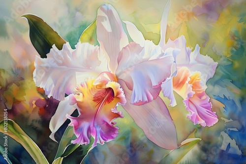 An elegant watercolor painting of a white orchid with pink and yellow accents. The orchid is set against a soft  colorful background.