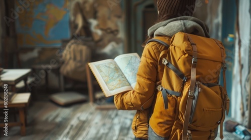 A backpack and travel guidebook, symbolizing readiness for exploration and adventure photo