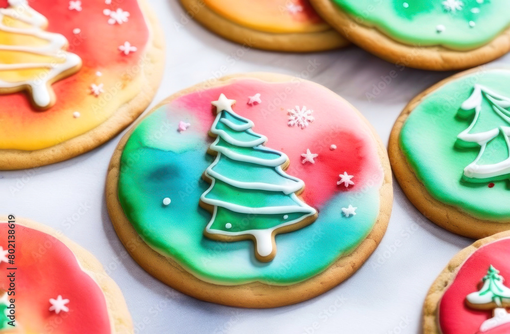 Captivating close-up of artisanal Christmas tree cookies with vibrant icing