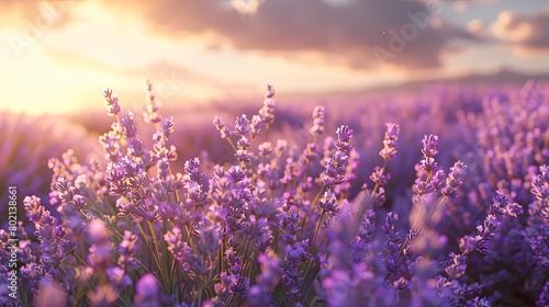 A field of lavender in bloom, stretching as far as the eye can see. The sun is setting, casting a warm glow over the scene. The air is filled with the sweet scent of lavender.