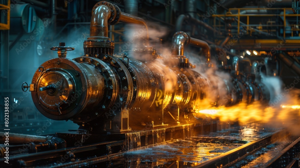 A real photo shot depicting the operation of turbines driven by high-pressure steam, converting thermal energy into mechanical energy