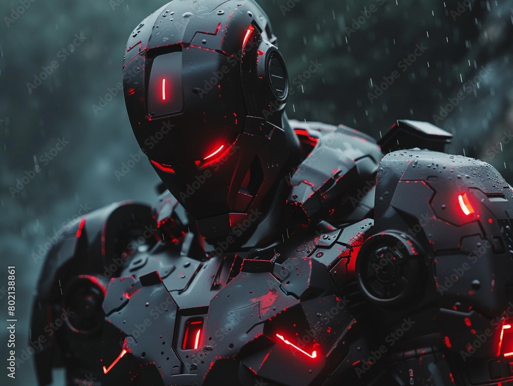 Fototapeta premium Info War Machine, encrypted armor plating, AI consciousness, infiltrating enemy networks, stormy weather.