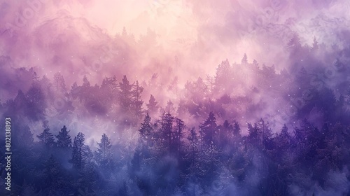 An ethereal landscape of a misty forest, painted in shades of purple, pink and blue. The soft light filters through the trees, creating a magical atmosphere. © nattapon