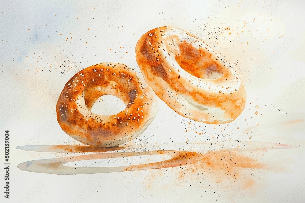 Levitating bagel in watercolor, warm sunrise hues. Levitating bagel in watercolor, warm sunrise hues.