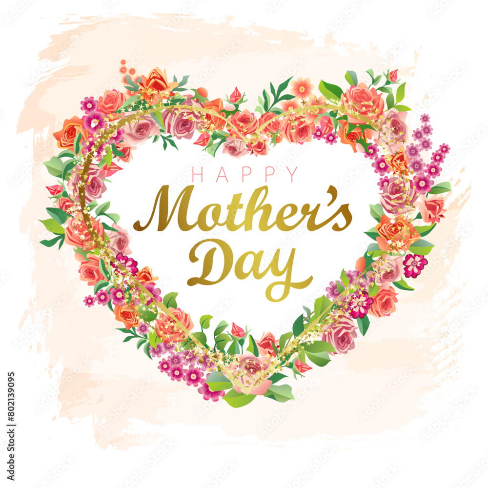 Fototapeta Happy Mother's Day floral greetings. Creative branch of roses, heart wreath decoration with 3D flowers and leaves. Glittering golden elements and brushing strokes. Watercolor backdrop. Greeting card.