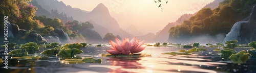 Lotus flower, flowing river, tranquil setting, with birds chirping amidst towering mountains in the background. photo