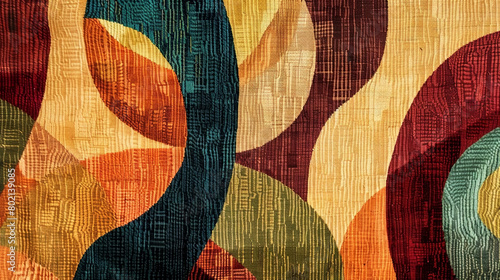 Vibrant abstract tapestry art in warm hues with textured patterns