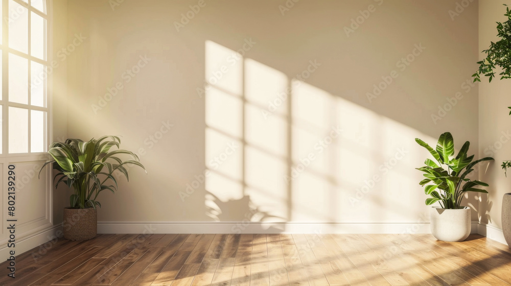 A large empty room with a window and two potted plants. The room is very bright and airy, with the sunlight shining through the window and casting shadows on the walls A large empty room with a window and two potted plants. The room is very bright and airy, with the sunlight shining through the window and casting shadows on the walls