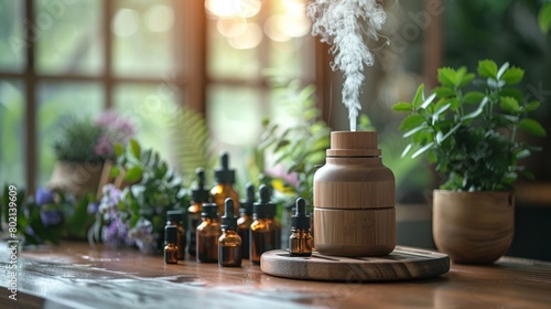 A collection of essential oils and aromatherapy diffuser, promoting relaxation and stress relief