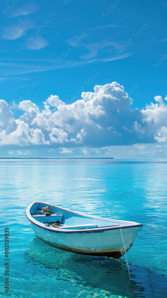 A small white boat is floating in the ocean A small white boat is floating in the ocean