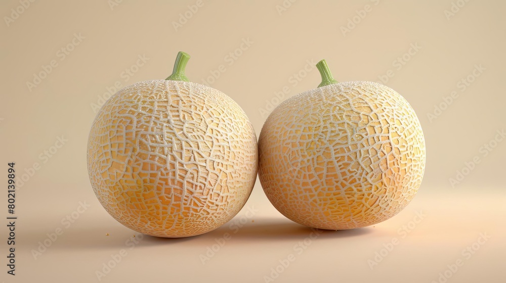 A pair of cantaloupe melons sit on a pale peach-colored surface. The melons are ripe and have a slightly netted rind. The light is soft and even. A pair of cantaloupe melons sit on a pale peach-colored surface. The melons are ripe and have a slightly netted rind. The light is soft and even.