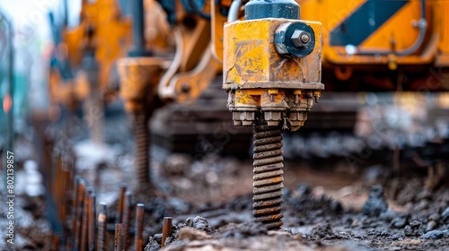 Close-up view of a pile driver machine with a yellow arm, operating at a construction site with iron rebars in the foreground. photo