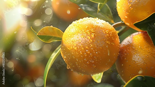 Photo of a close-up of an orange on a tree with water drops on it