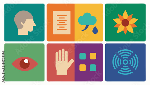 A set of tactile communication cards designed for blind and nonverbal people featuring raised symbols and textures that can be felt to understand. Vector illustration