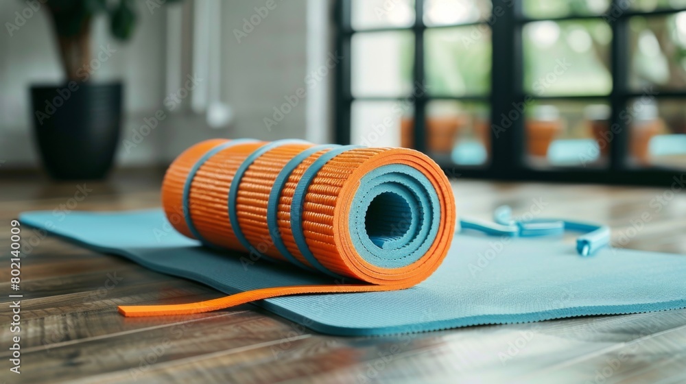 A yoga mat and resistance bands, encouraging physical fitness and well-being