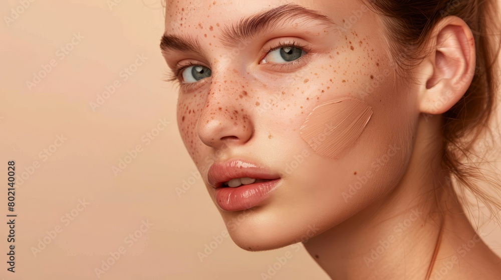 Close-up beauty portrait of a young woman with freckles and a swatch of foundation on her cheek, emphasizing natural beauty and skincare. Close-up beauty portrait of a young woman with freckles and a swatch of foundation on her cheek, emphasizing natural beauty and skincare.