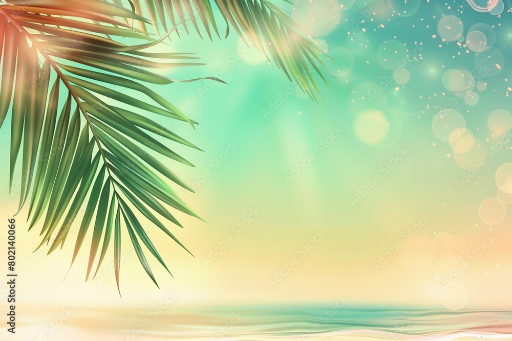 Natural green palm leaves on tropical beach background, light waves, sun, bokeh, Copy space for texts.
