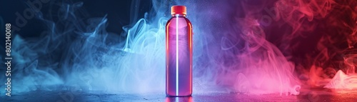 Sports drink bottle, sleek design with holographic strip, ethereal mist. photo