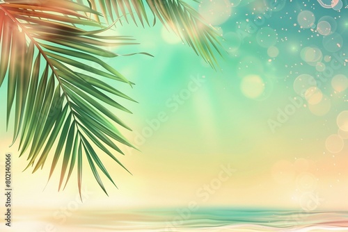 Natural green palm leaves on tropical beach background  light waves  sun  bokeh  Copy space for texts.