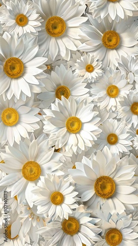 Sunny day top view of cheerful floral texture, bright white daisy pattern spread. © GraphzTain
