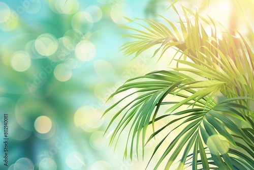 Natural green palm leaves on tropical beach background  light waves  sun  bokeh  Copy space for texts.