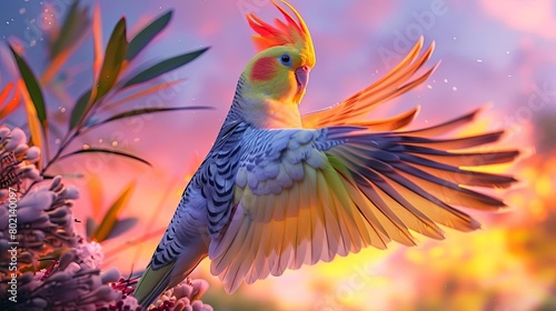 Illustrate a realistic long shot view of a colorful cockatiel elegantly spread its wings against a dreamy pastel sunset sky in stunning digital art with photorealistic textures