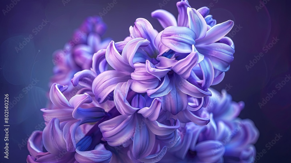 A beautiful close-up of a purple hyacinth flower in full bloom against a dark background. The petals are soft and delicate, and the colors are vibrant and lifelike.