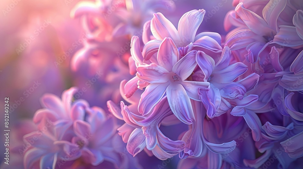 A beautiful close-up of a cluster of purple hyacinth flowers with a blurred background in shades of pink and purple.