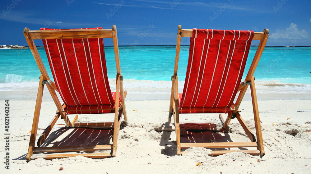 Two beach chairs are on the sand, facing the ocean Two beach chairs are on the sand, facing the ocean