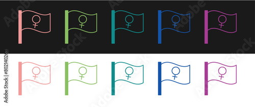 Set Female movement, feminist activist with banner and placards icon isolated on black and white background. Feminist rights movement, feminism sisterhood. Vector