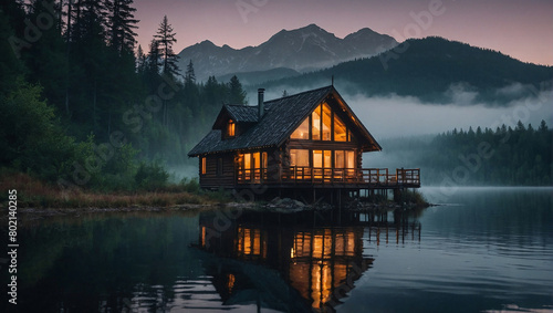 A wooden cabin sits on the edge of a body of water. There are trees on the shore and in the background are mountains. The water is calm and still, reflecting the sky and the trees. The cabin is lit up